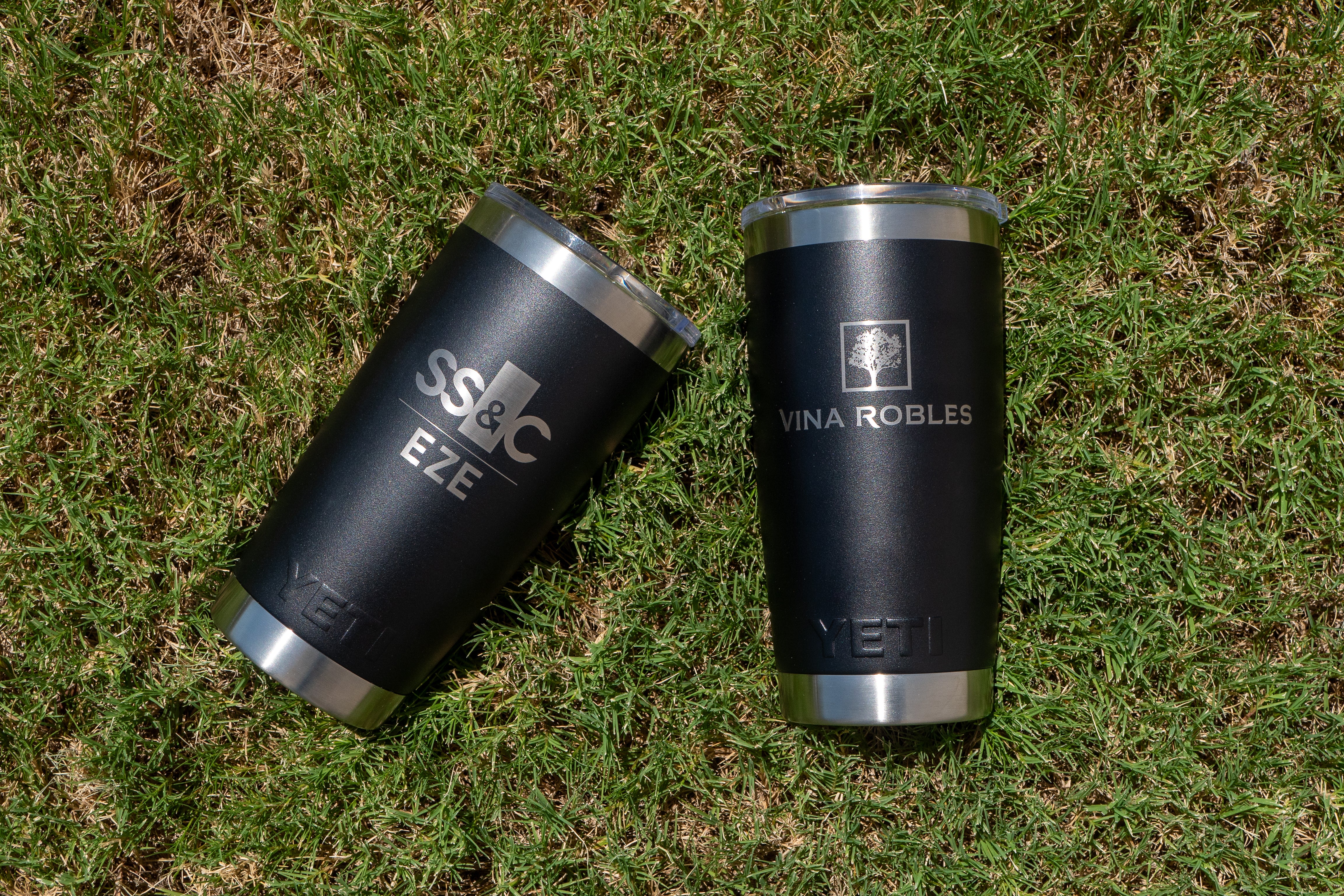 two engraved yeti 20oz rambler tumblers